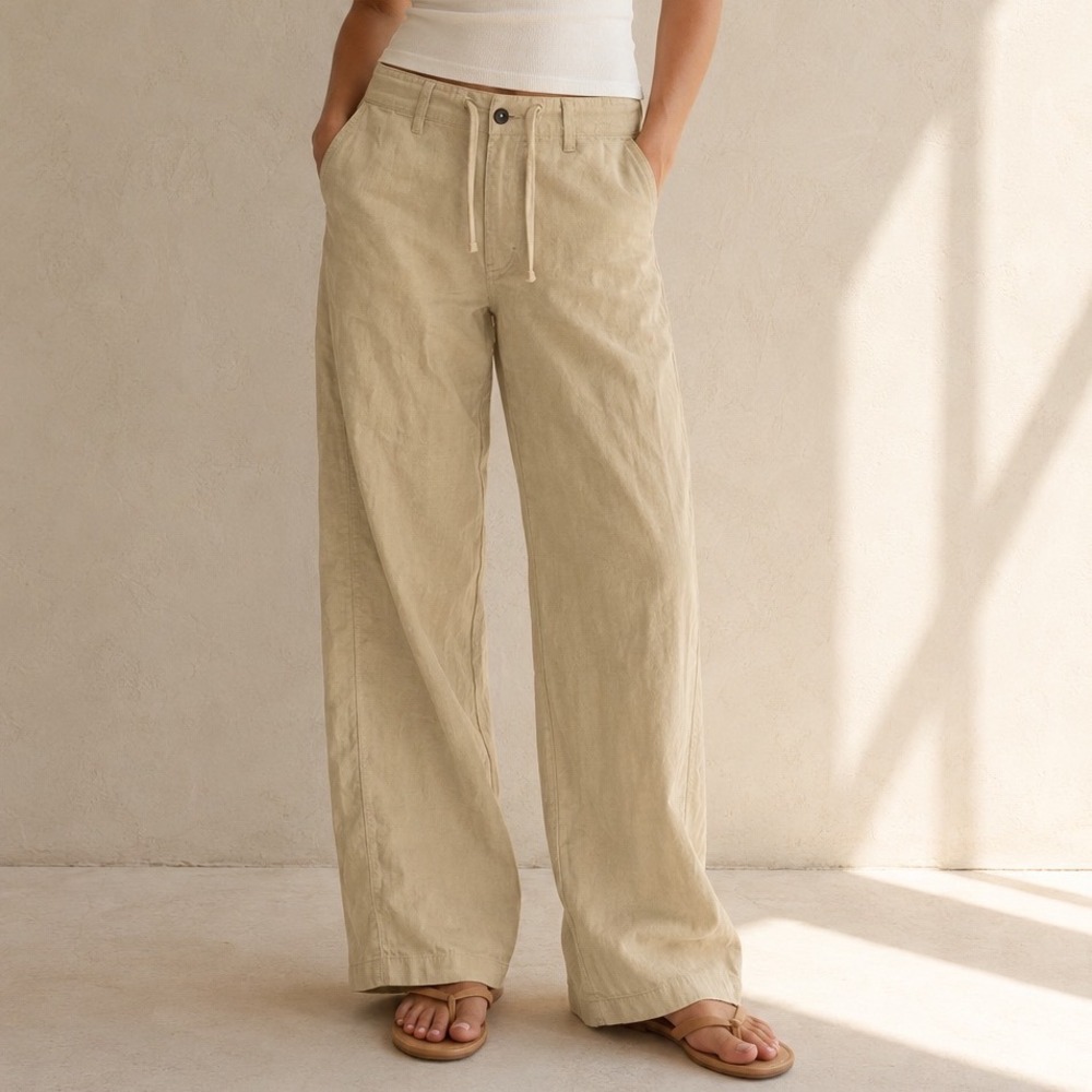 Island Importer 100% Linen Wide Leg Beach Pants Beige Sand Coastal Wedding 14 ww